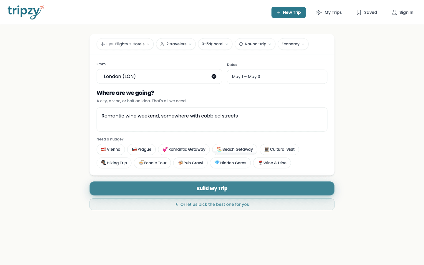 Tripzy planner ready for a free-text vibe
