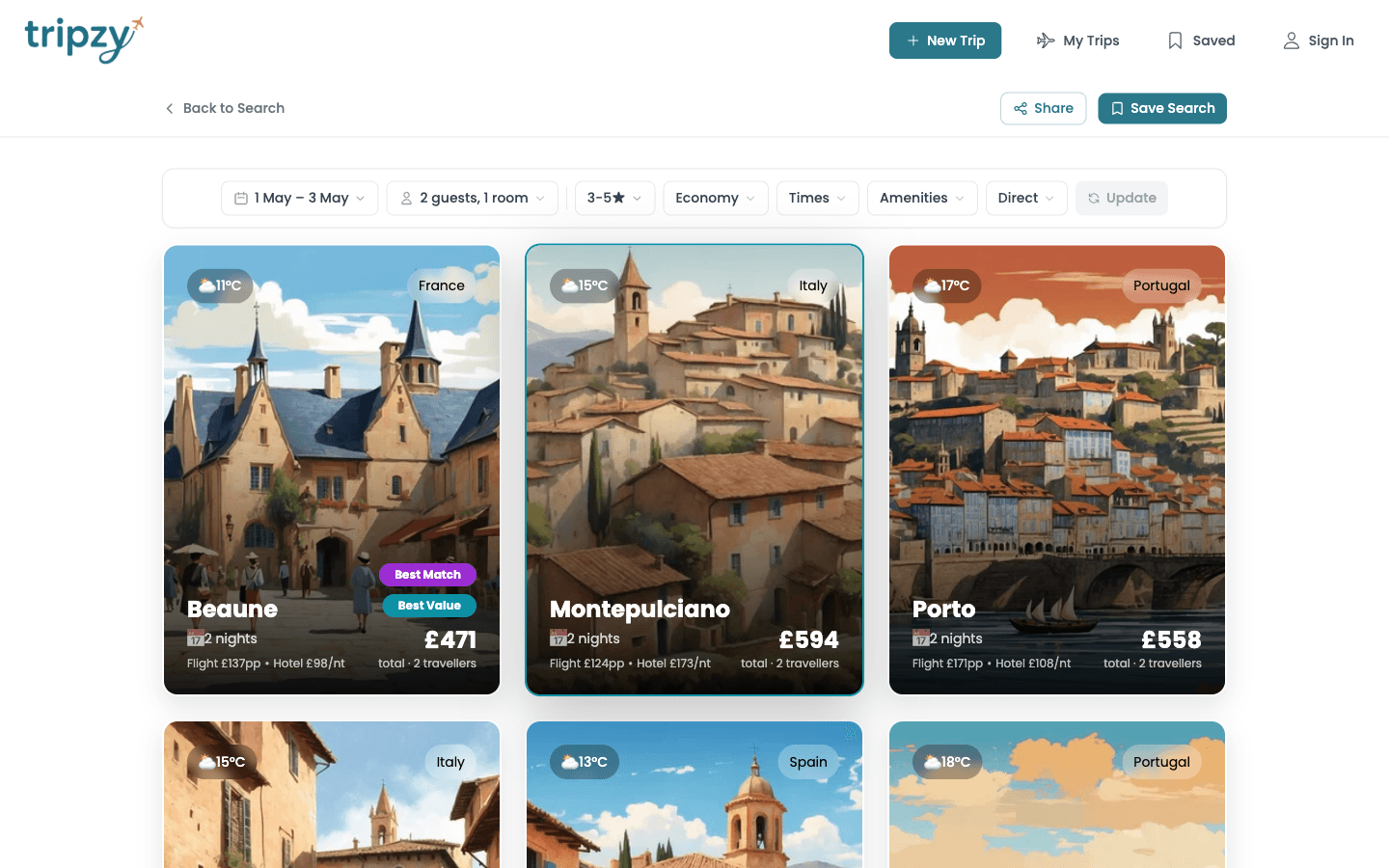 Destination hub comparing cities with real prices and weather