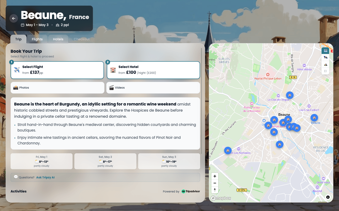 Mood board showing flight, hotel, neighbourhood map, and a personalised guide on one page