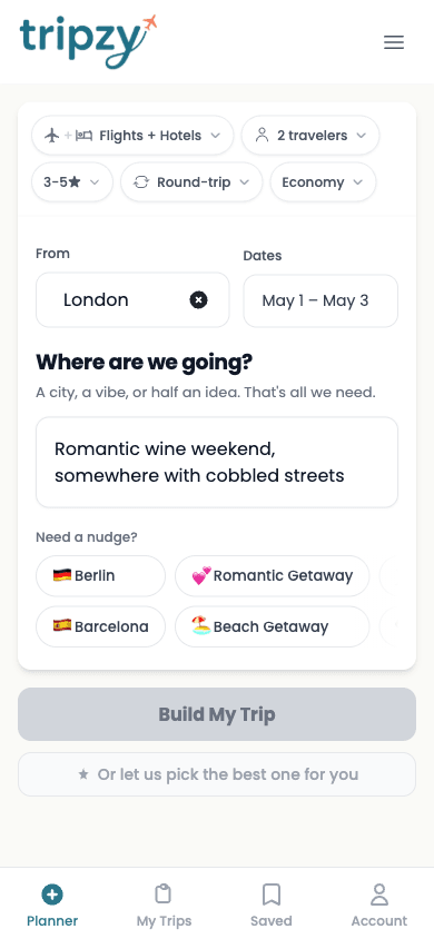 Tripzy planner ready for a free-text vibe