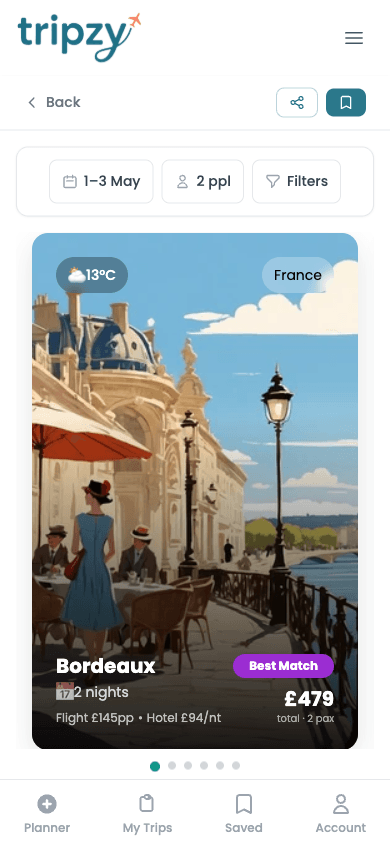 Destination hub comparing cities with real prices and weather