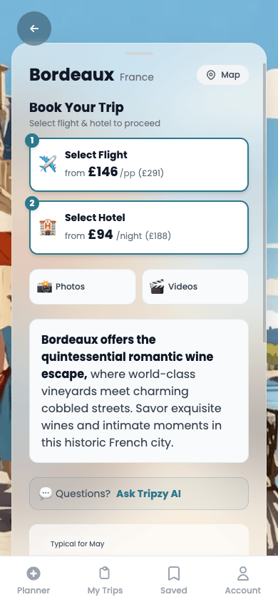 Mood board showing flight, hotel, neighbourhood map, and a personalised guide on one page